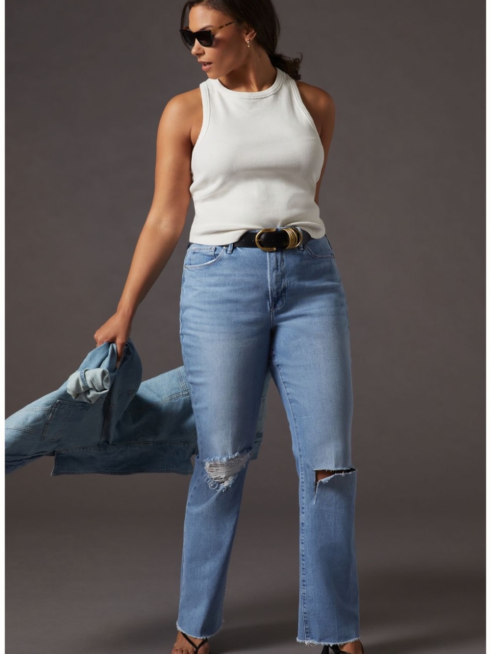 Good American Light Blue Distressed Flare Jeans